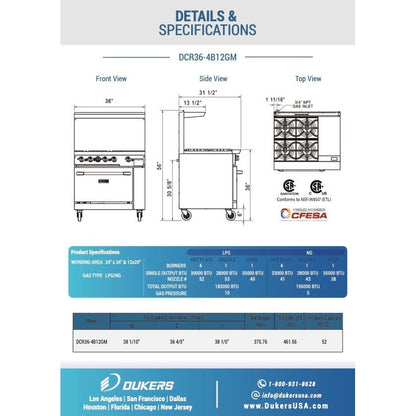 Dukers DCR36-4B12GM 36″ Gas Range with Four 4 Open Burners & 12″ Griddle