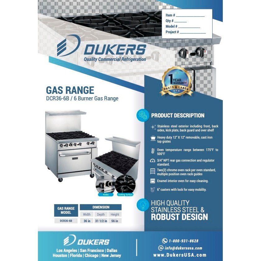 Dukers DCR36-6B 36″ Gas Range with Six 6 Open Burners