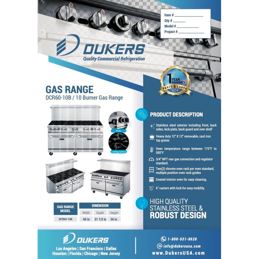 Dukers DCR60-10B 60″ Gas Range with Ten 10 Open Burners