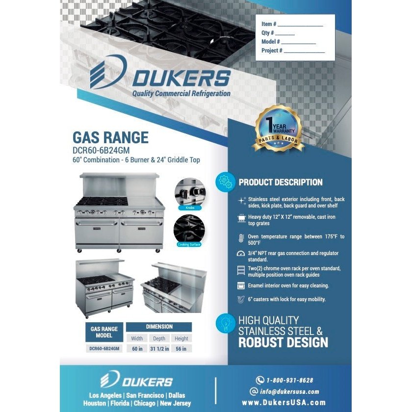 Dukers DCR60-6B24GM 60″ Gas Range with Six 6 Open Burners & 24″ Griddle