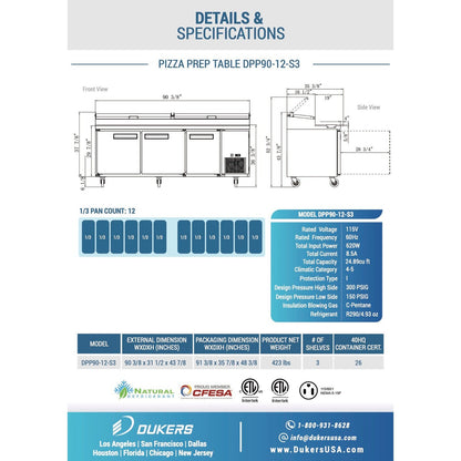 Dukers DPP90-12-S3 Commercial 3-Door Pizza Prep Table Refrigerator