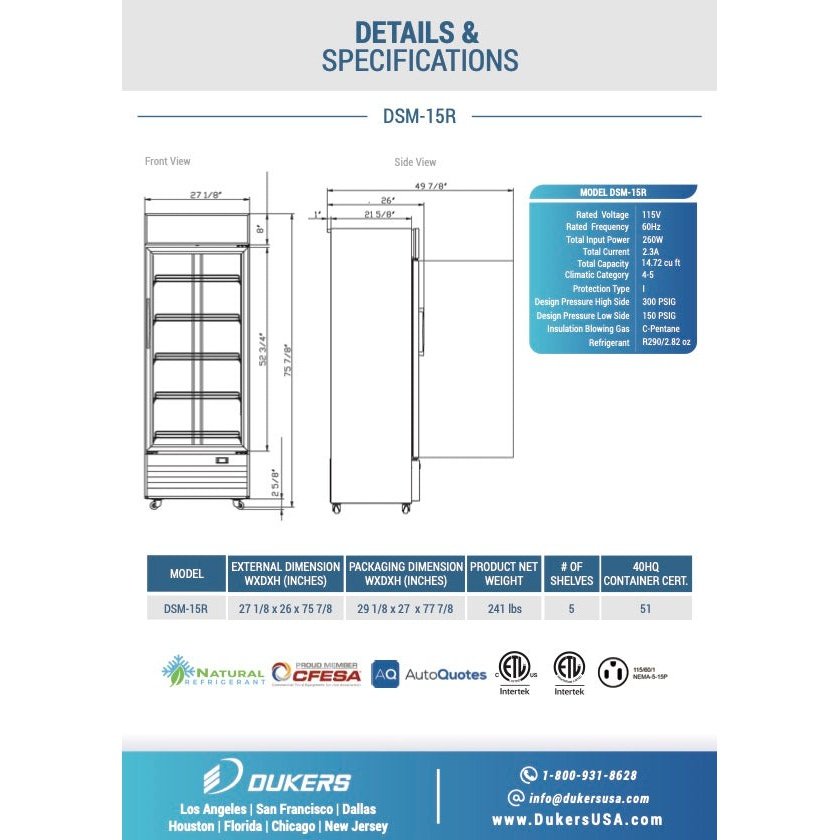 Dukers DSM-15R Commercial Single Glass Swing Door Merchandiser Refrigerator
