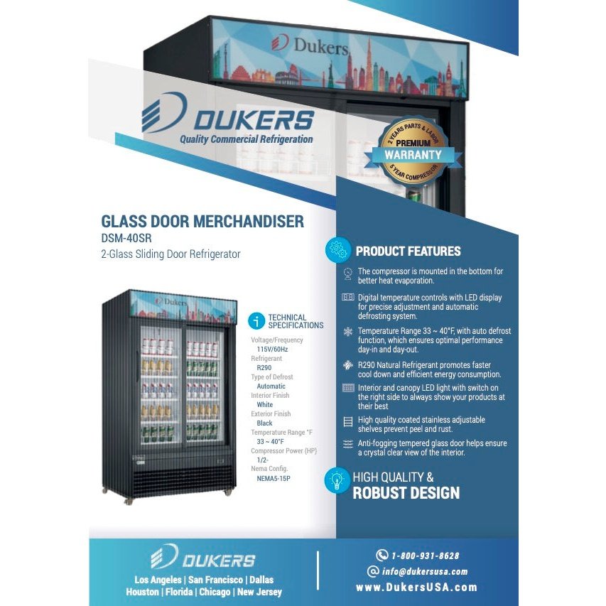 Dukers DSM-40SR Commercial Glass Sliding 2-Door Merchandiser Refrigerator
