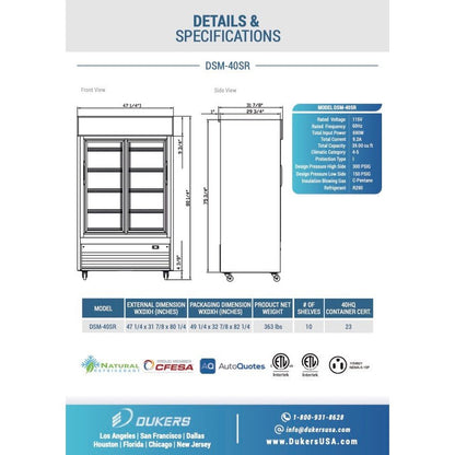 Dukers DSM-40SR Commercial Glass Sliding 2-Door Merchandiser Refrigerator