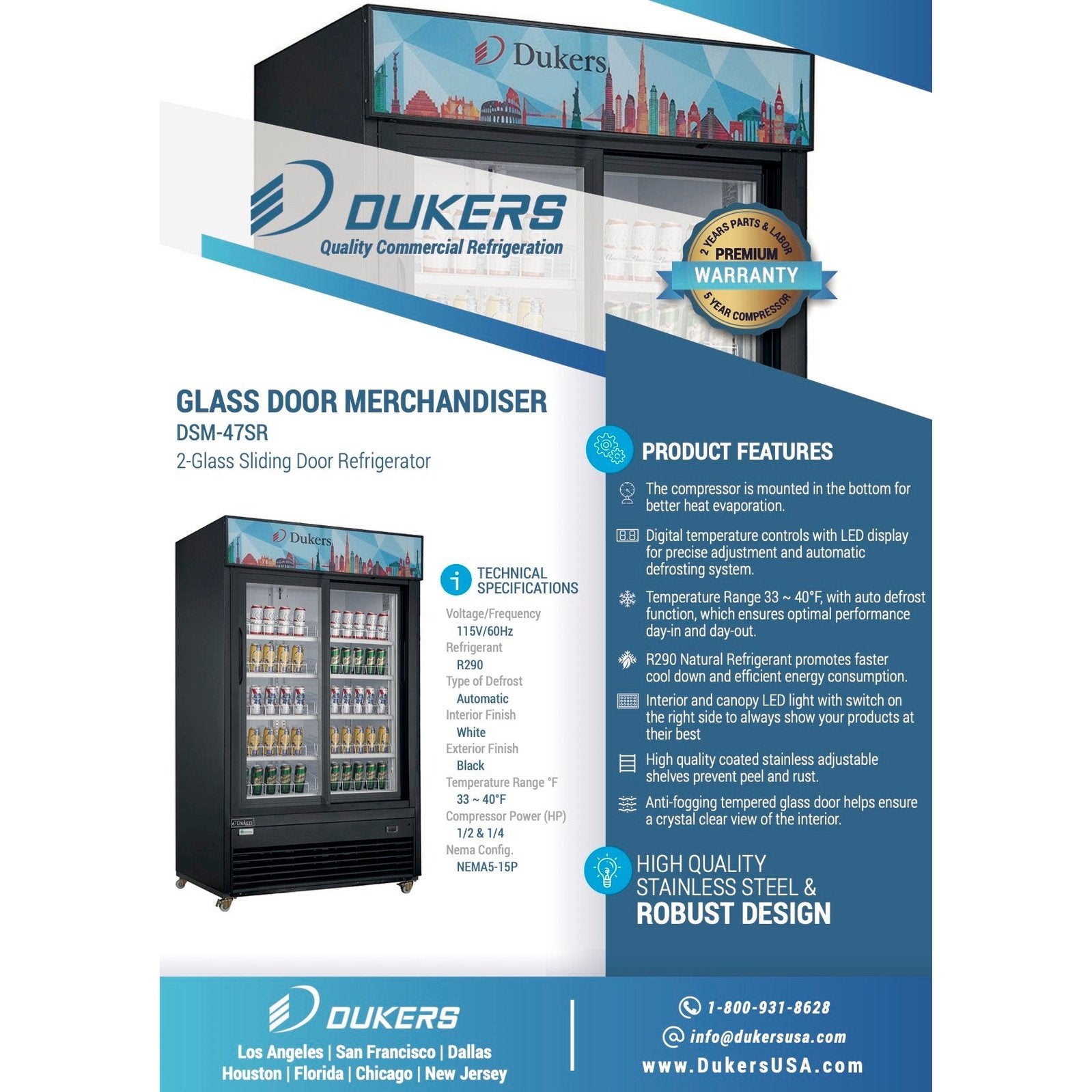 Dukers DSM-47SR Commercial Glass Sliding 2-Door Merchandiser Refrigerator