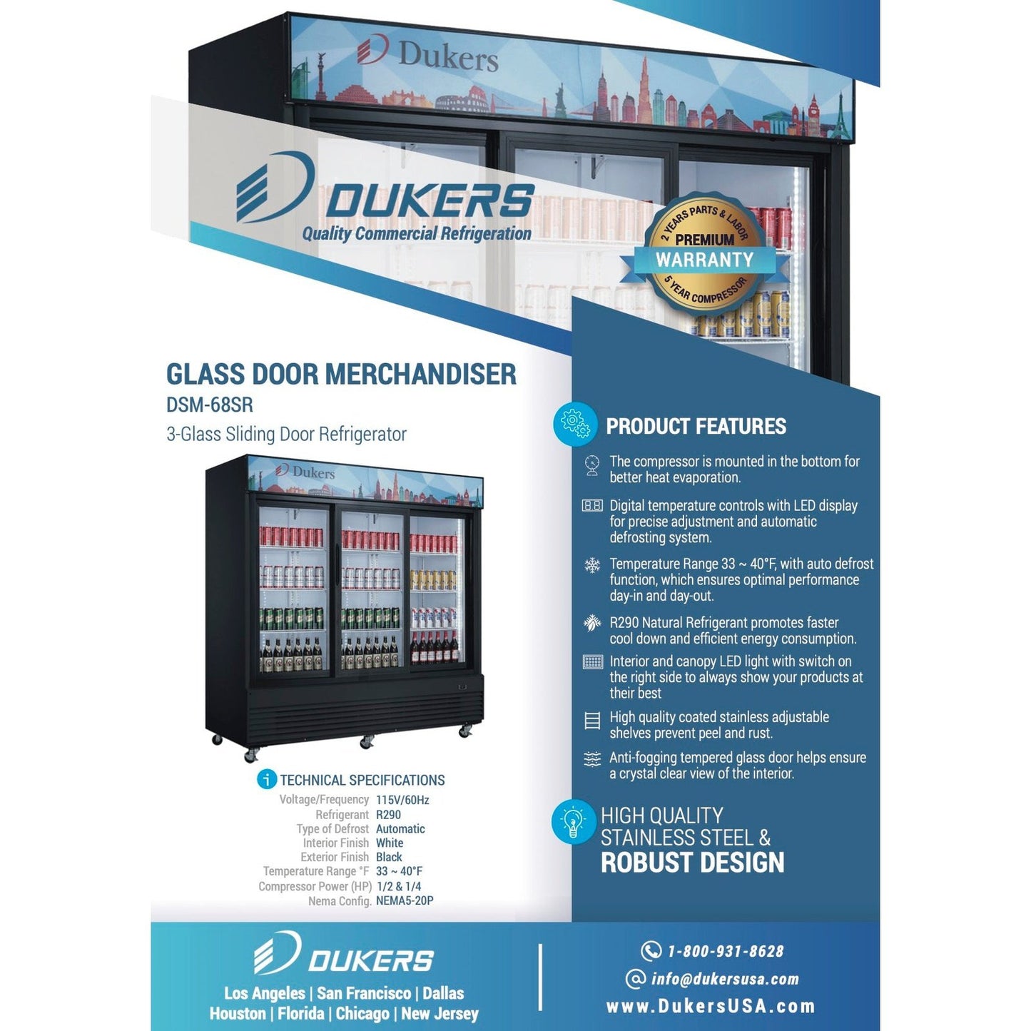 Dukers DSM-68SR Commercial Glass Sliding 3-Door Merchandiser Refrigerator