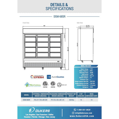 Dukers DSM-68SR Commercial Glass Sliding 3-Door Merchandiser Refrigerator