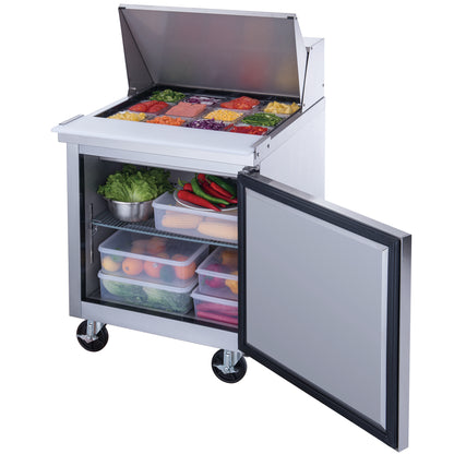 Dukers DSP29-12M-S1 1-Door Commercial Food Prep Table Refrigerator in Stainless Steel with Mega Top