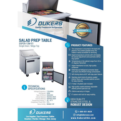 Dukers DSP29-12M-S1 1-Door Commercial Food Prep Table Refrigerator in Stainless Steel with Mega Top