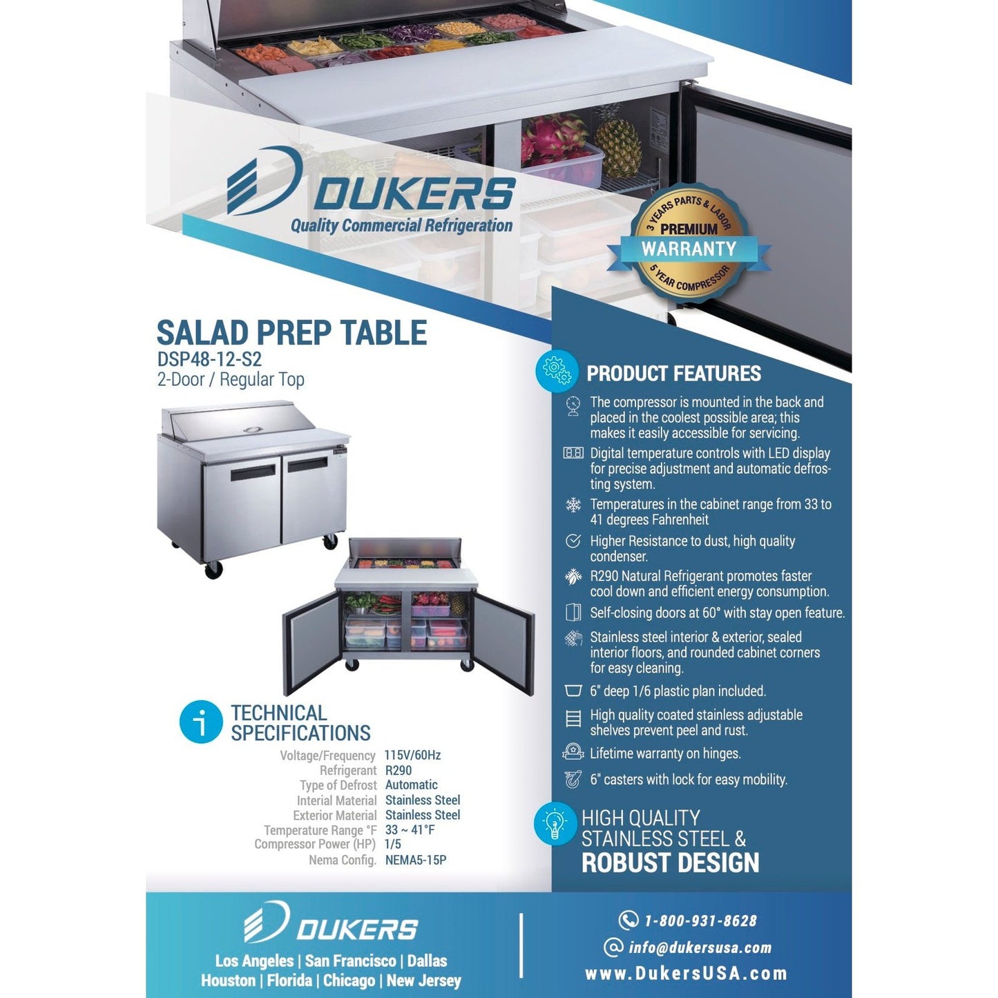 Dukers DSP48-12-S2 2-Door Commercial Food Prep Table Refrigerator in Stainless Steel