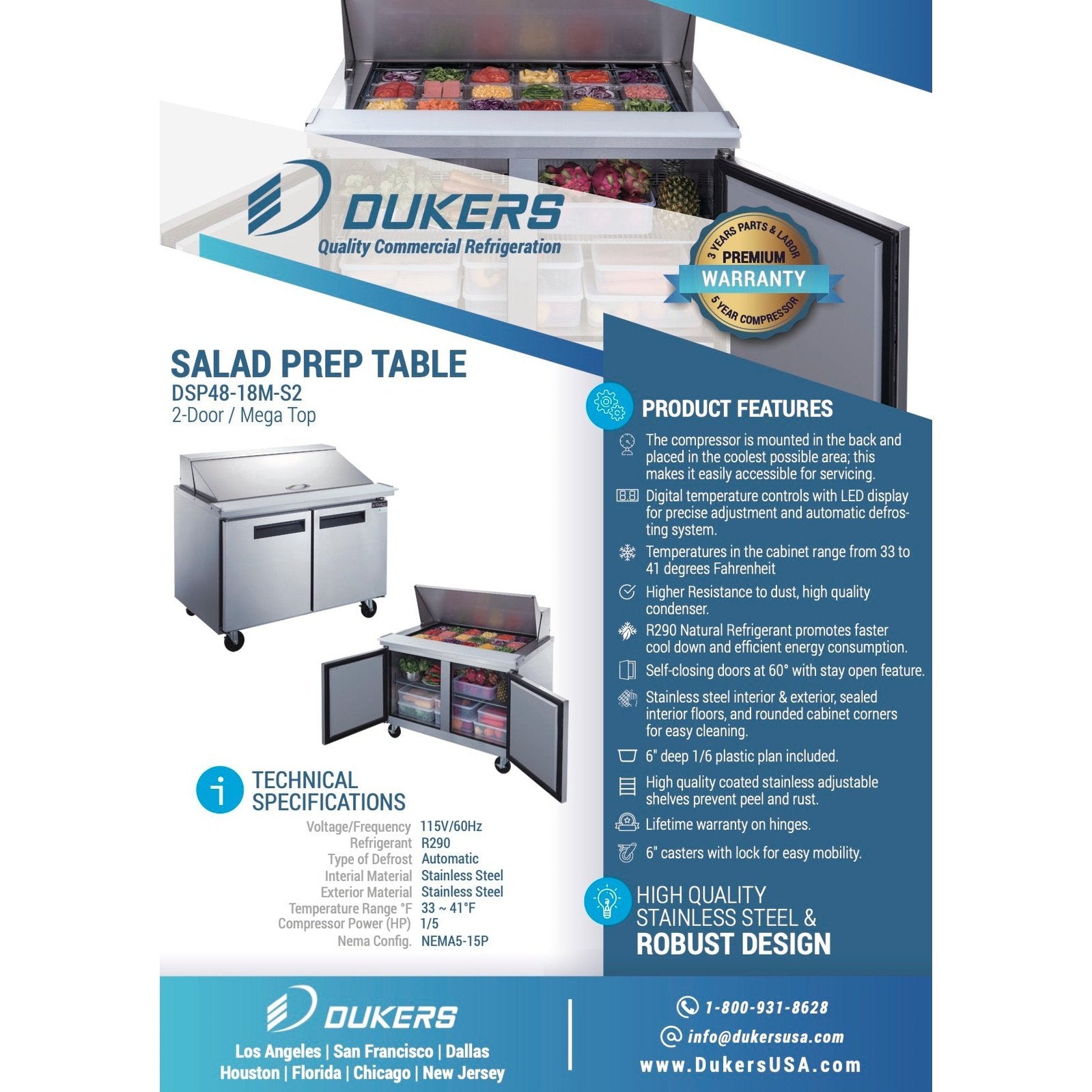 Dukers DSP48-18M-S2 2-Door Commercial Food Prep Table Refrigerator in Stainless Steel with Mega Top