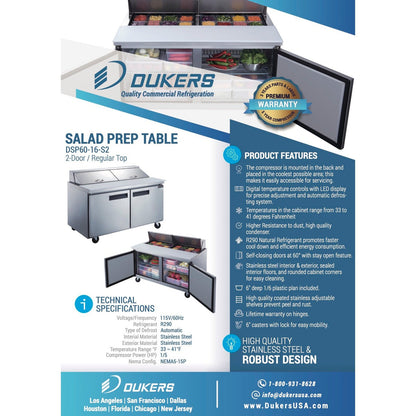 Dukers DSP60-16-S2 2-Door Commercial Food Prep Table Refrigerator in Stainless Steel