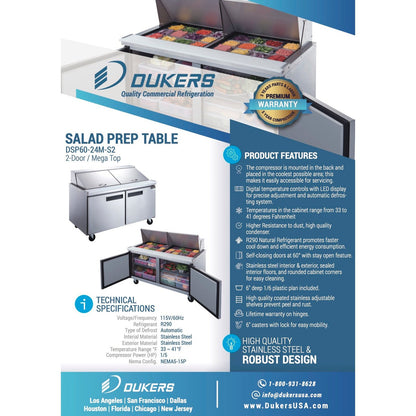 Dukers DSP60-24M-S2 2-Door Commercial Food Prep Table Refrigerator in Stainless Steel with Mega Top