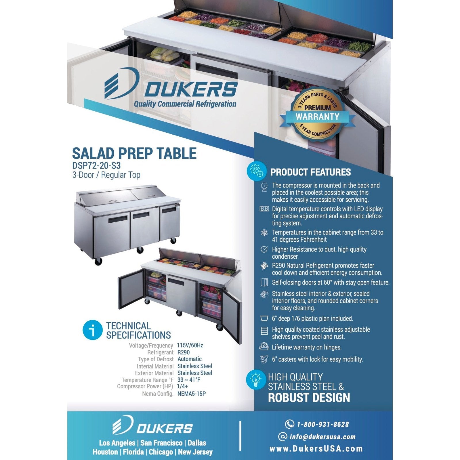 Dukers DSP72-20-S3 3-Door Commercial Food Prep Table Refrigerator in Stainless Steel