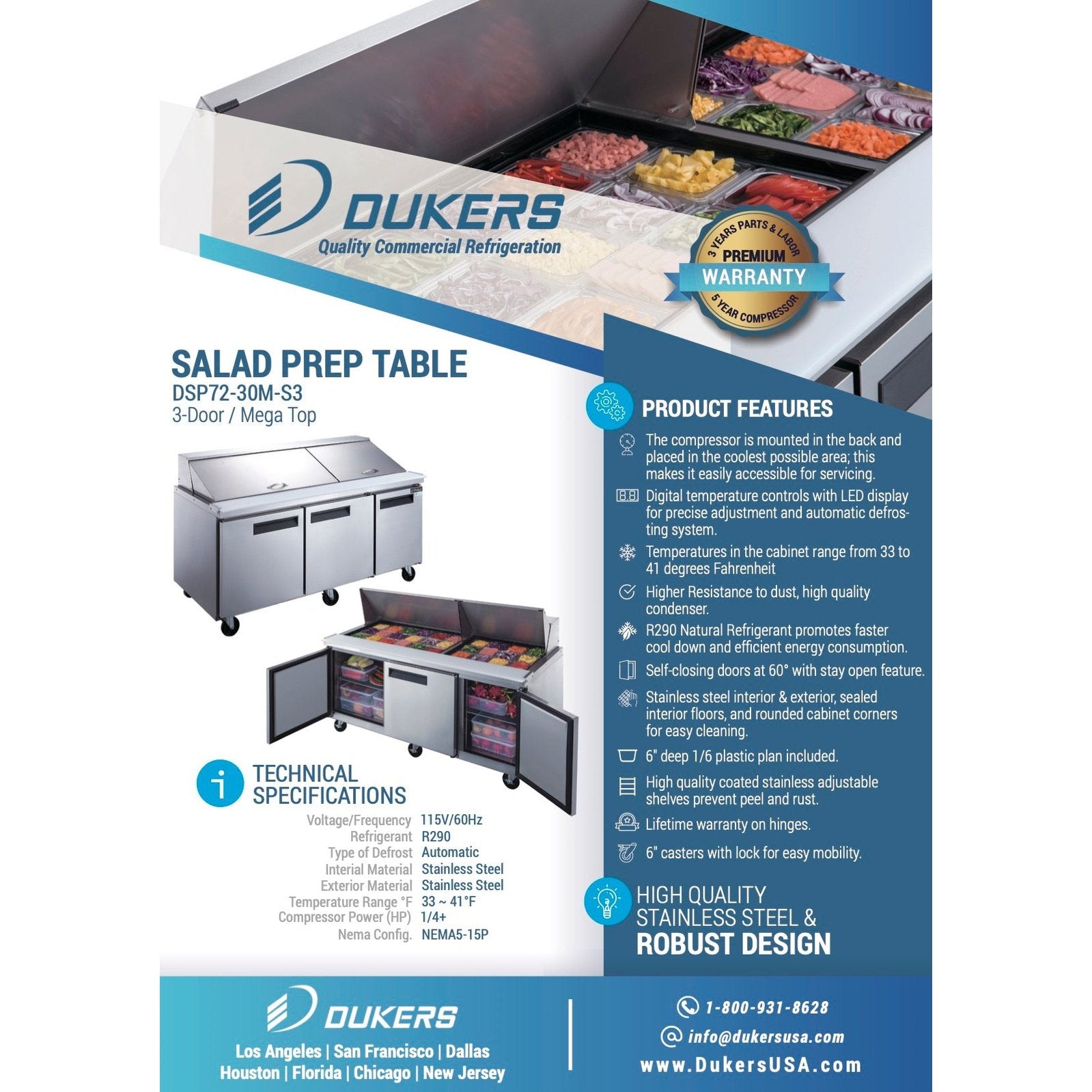 Dukers DSP72-30M-S3 3-Door Commercial Food Prep Table Refrigerator in Stainless Steel with Mega Top