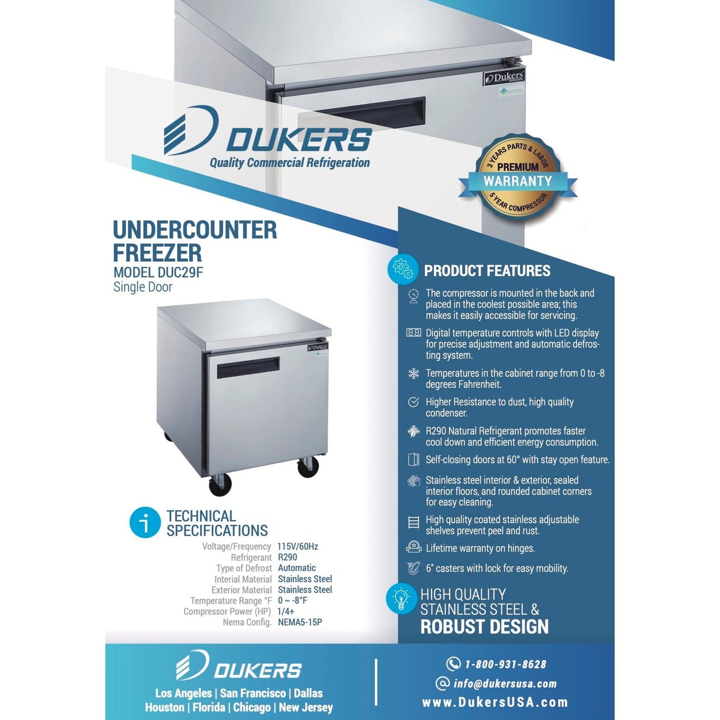 Dukers DUC29F Single Door Undercounter Freezer in Stainless Steel