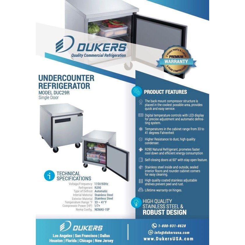Dukers DUC29R Single Door Undercounter Refrigerator in Stainless Steel