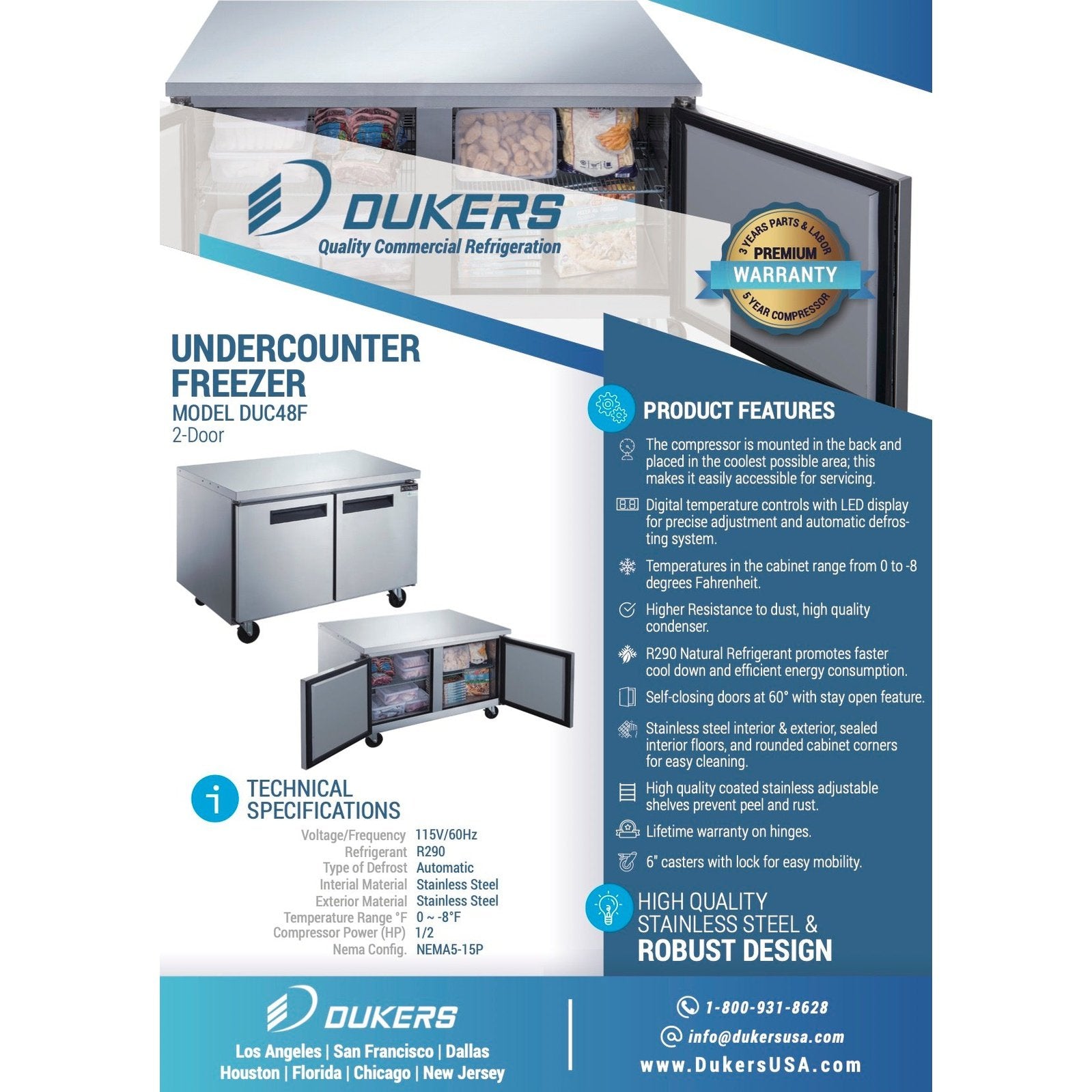 Dukers DUC48F 2-Door Undercounter Freezer in Stainless Steel