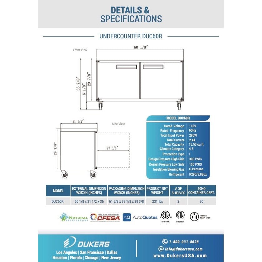 Dukers DUC60R 2-Door Undercounter Commercial Refrigerator in Stainless Steel